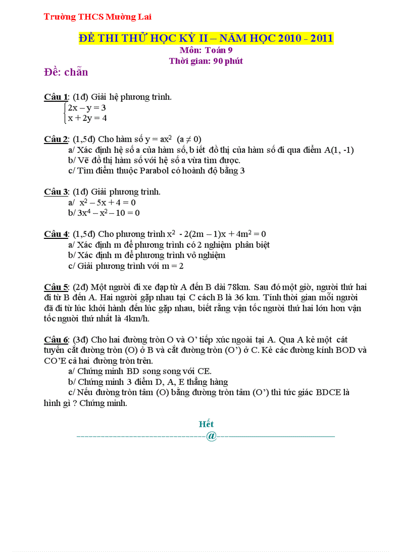 De thi thử HKII toan 9 truong THCS Muong Lai nam hoc 2010 2011
