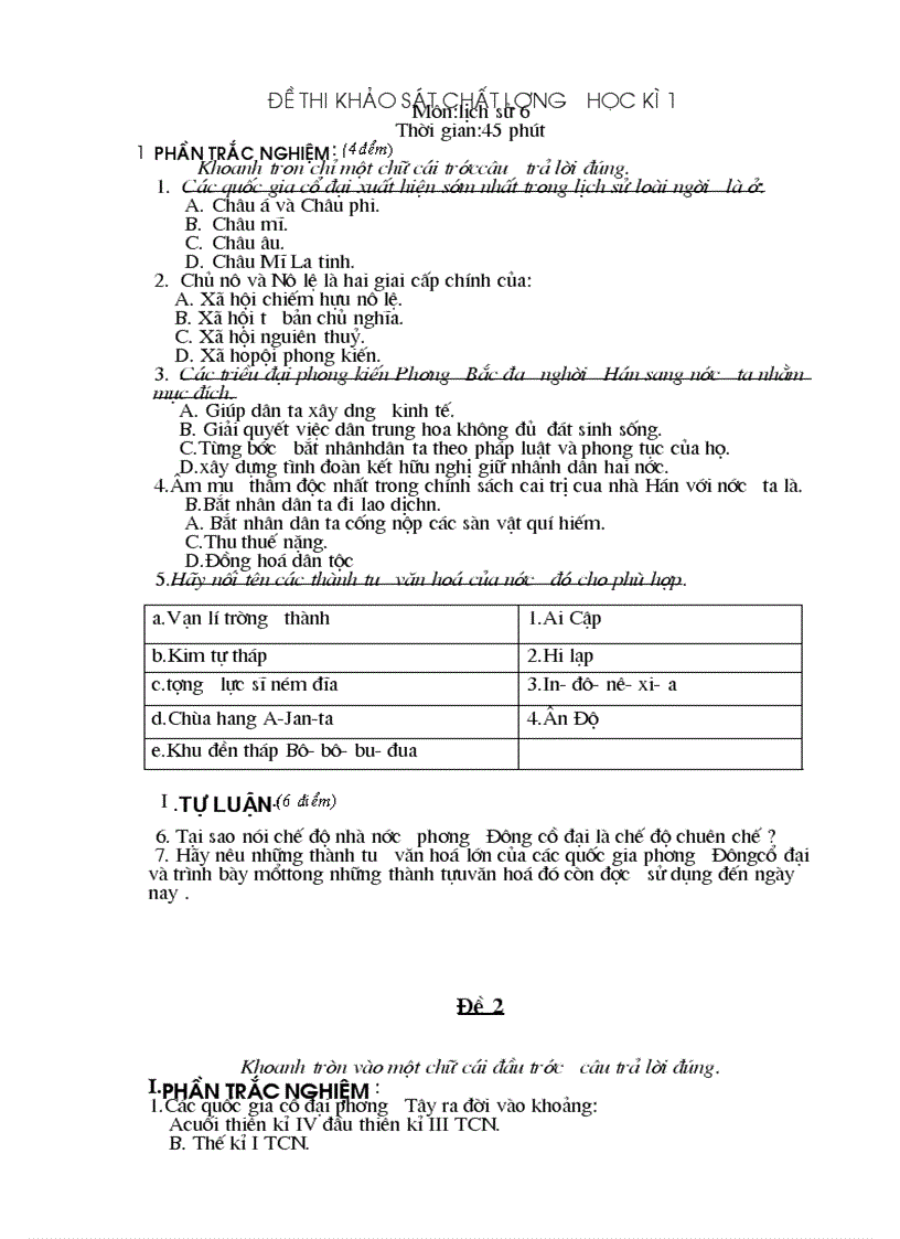 Đề kiể tra sử 6