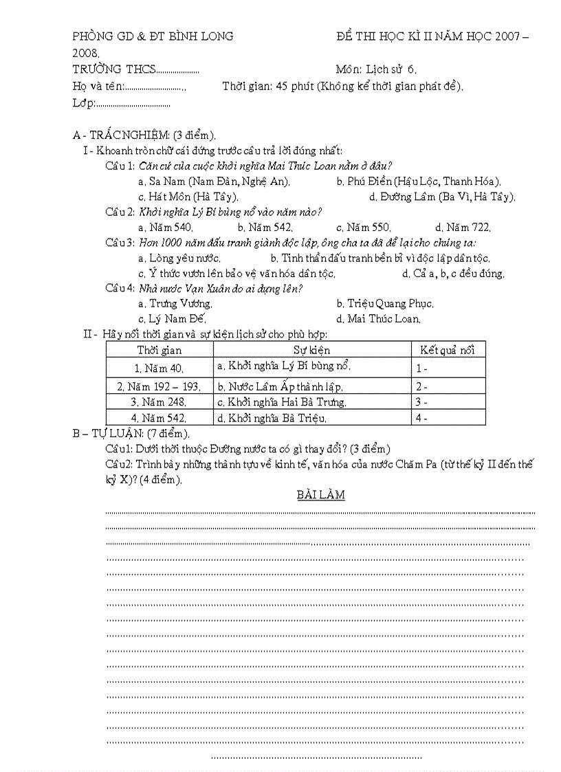 Đề KTHK II sử 6