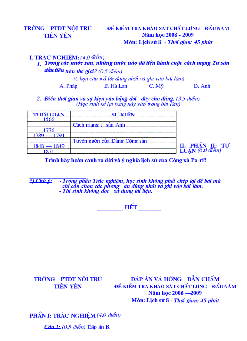 Đề KT khảo sát chất lượng đầu năm Sử 8