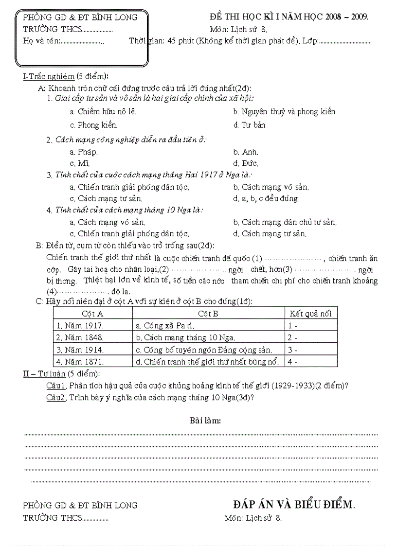 Đề KTHK I SỬ8