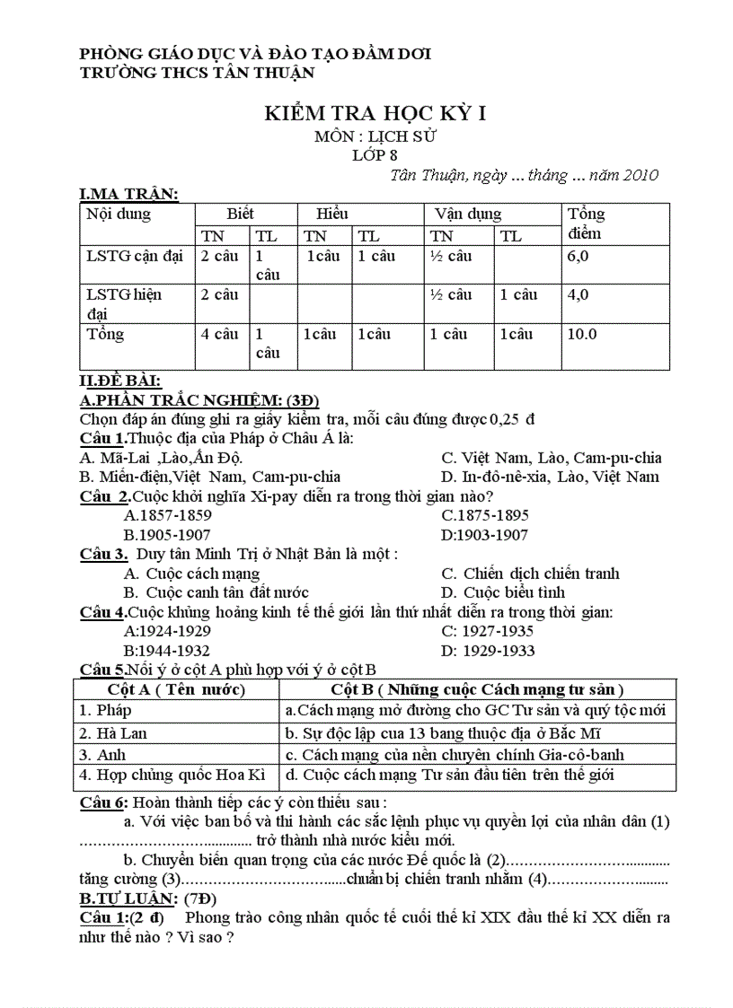 Đề thi HKI Sử 8 2011 2012