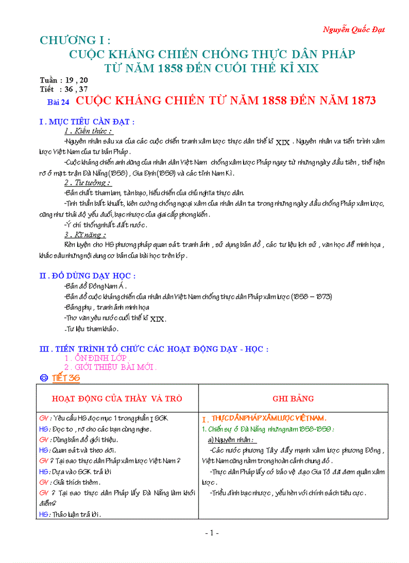 Giáo án lịch sử 8 Từ tuần 19 32