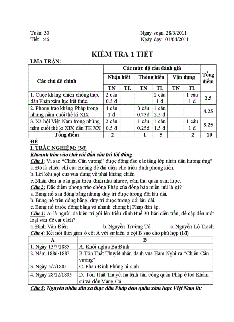 Kiểm tra 1t hkii có ma trận và đáp án