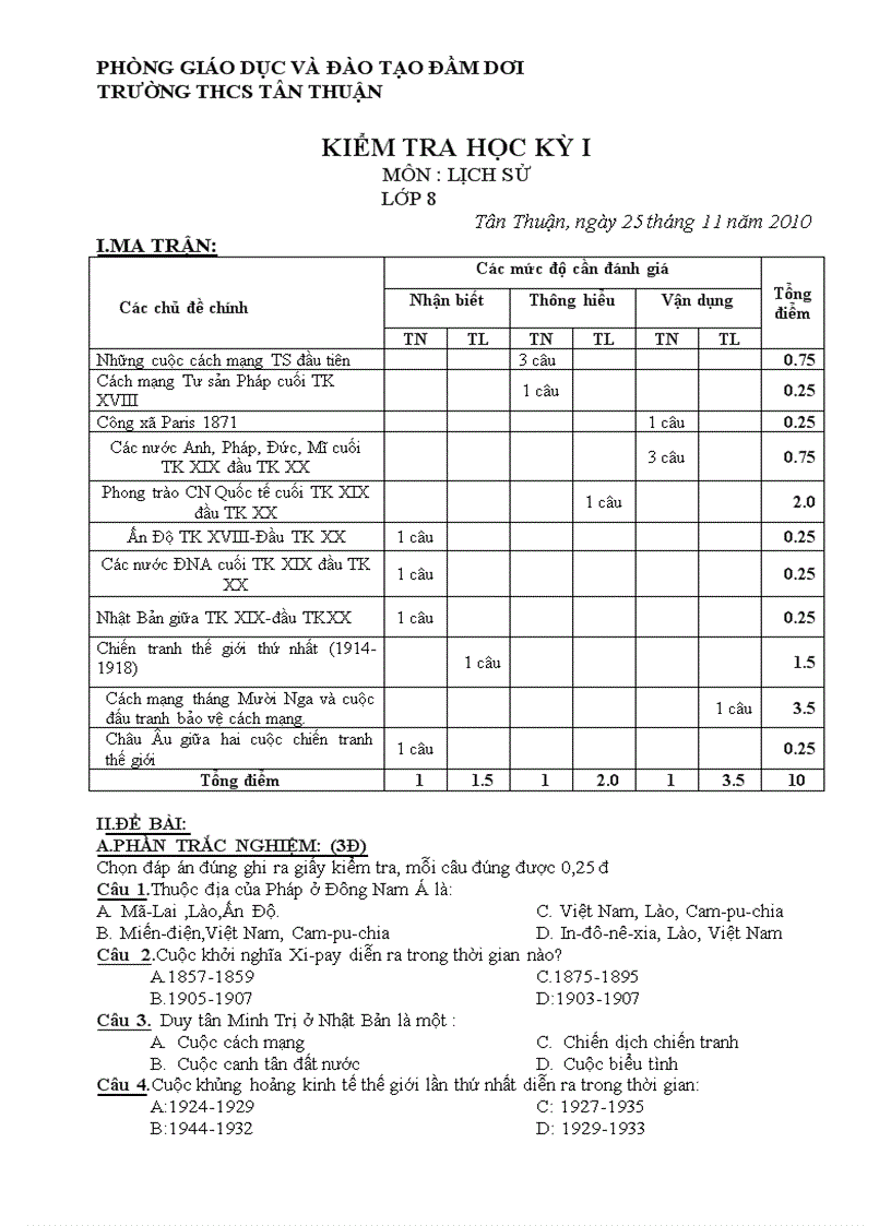 Đề thi và đáp án lích sử 8HKI có ma trận