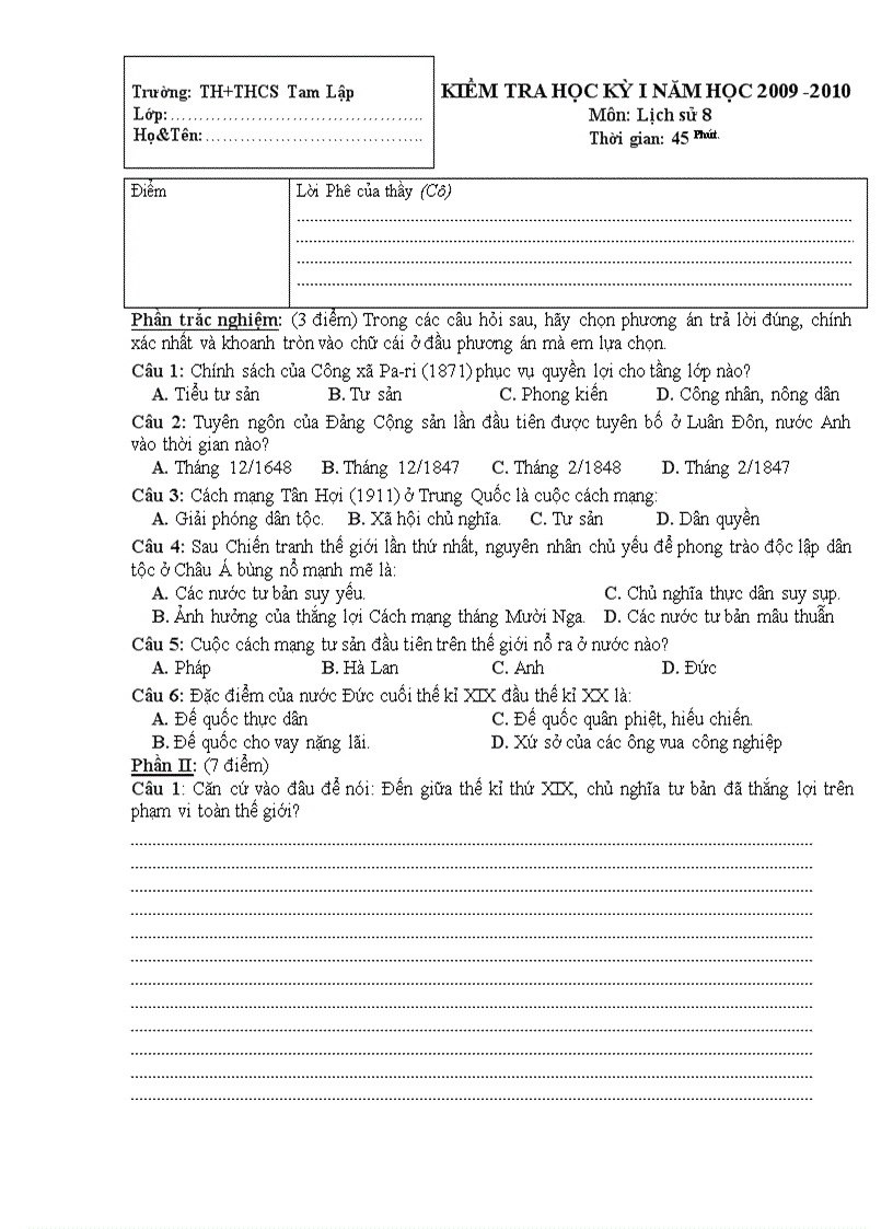 Đề thi học kỳ I môn lịch sử 8 năm 2009 2010