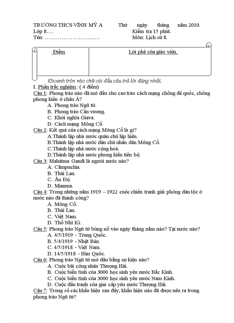 Kiem tra 15 môn lịch sử 8 đáp án học kì i lần 2