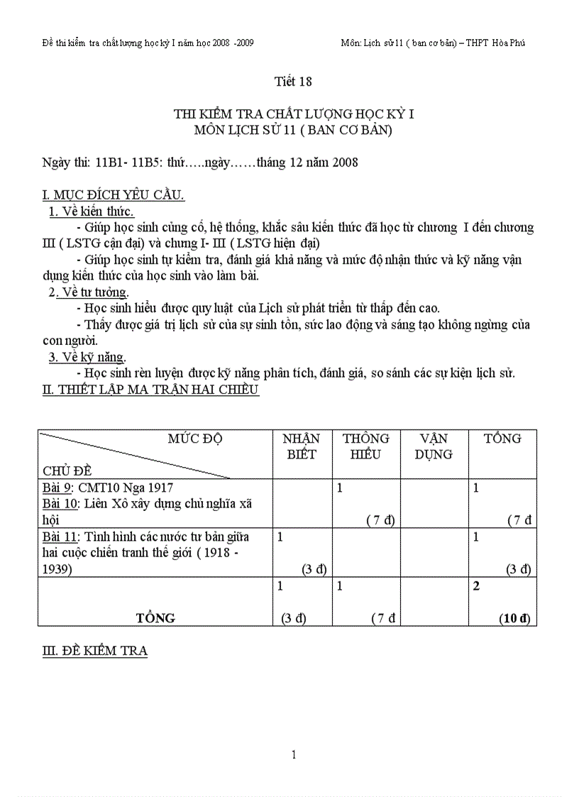 Đề thi lịch sử 11 k i 08 09