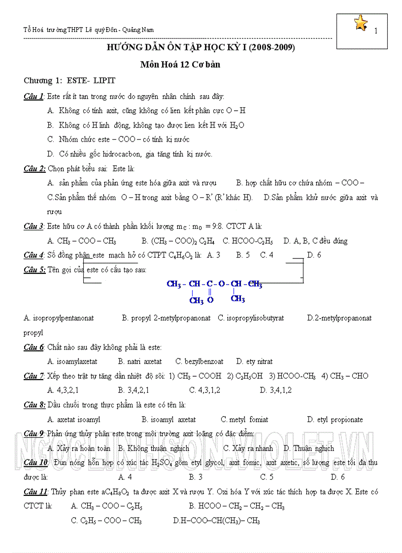 Hướng dẫn ôn tập hk1 môn hóa học 12