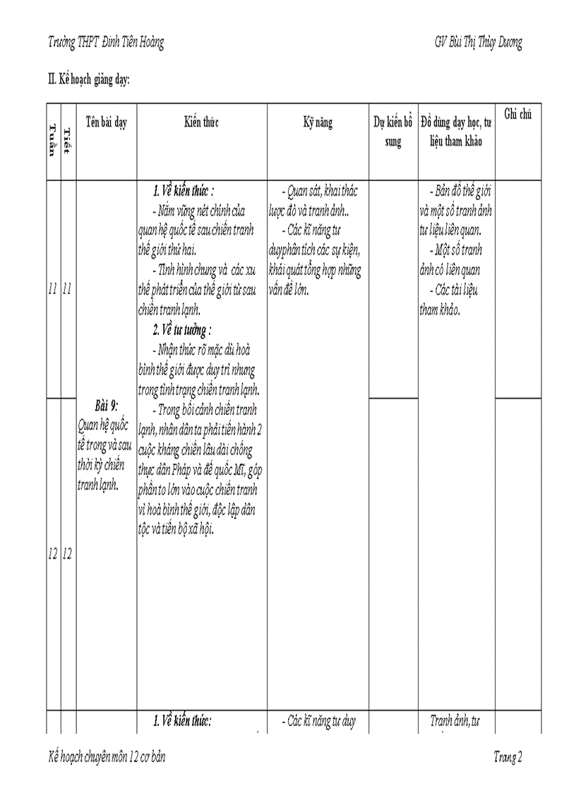 Kế hoạch chuyên môn lịch sử 12 ban cơ bản