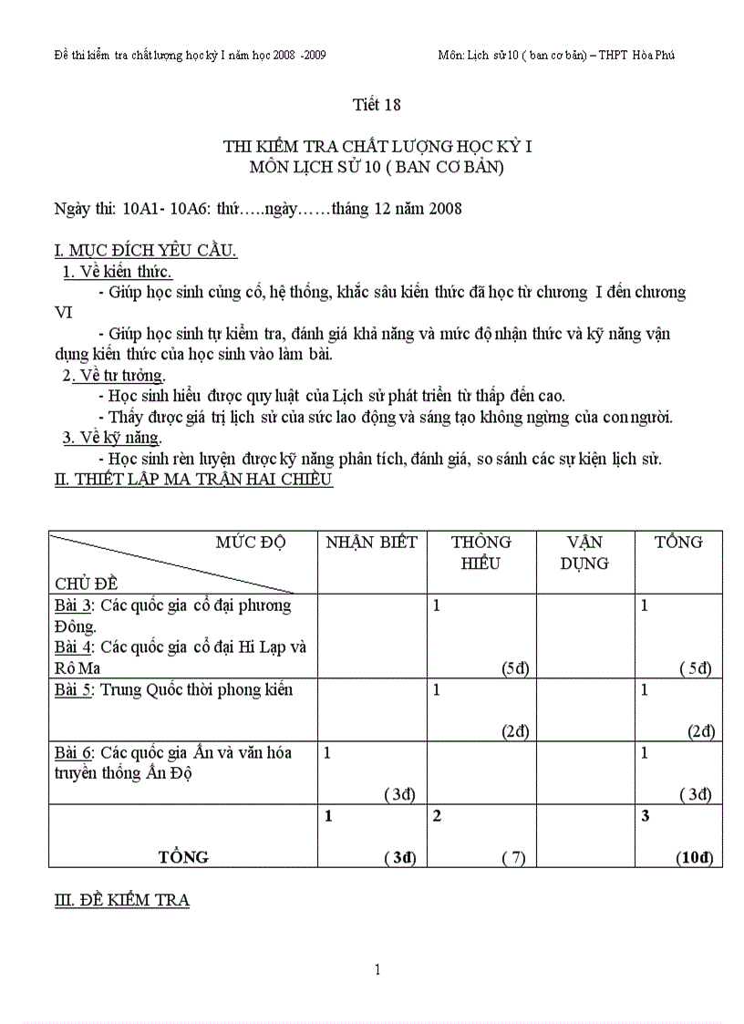 Đề thi lịch sử k i khối 10 08 09