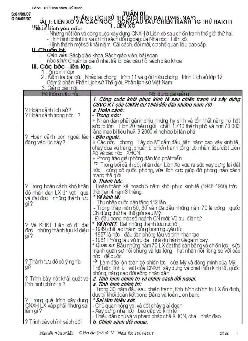 Giáo án Lịch Sử 12 Cơ bản