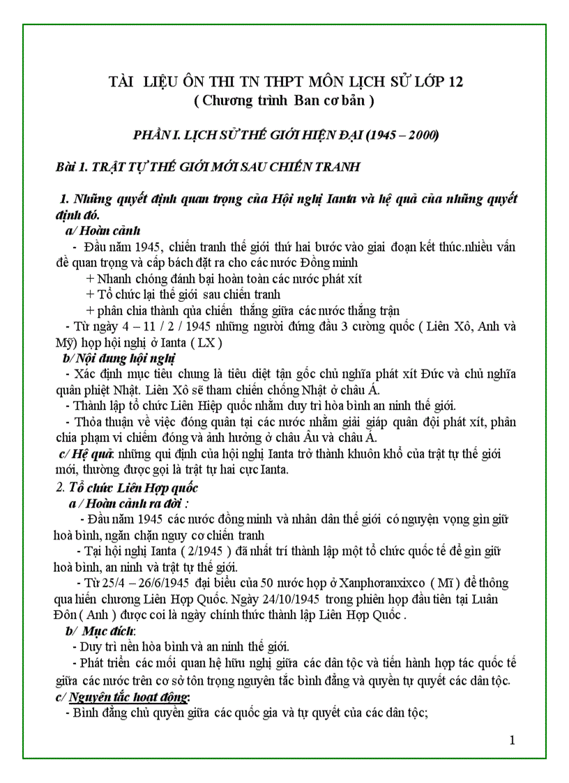 Đề cương ôn thi Lịch sử 12 cơ bản