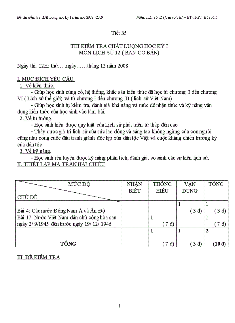 Đề thi lịch sử btvh 12 2008 2009