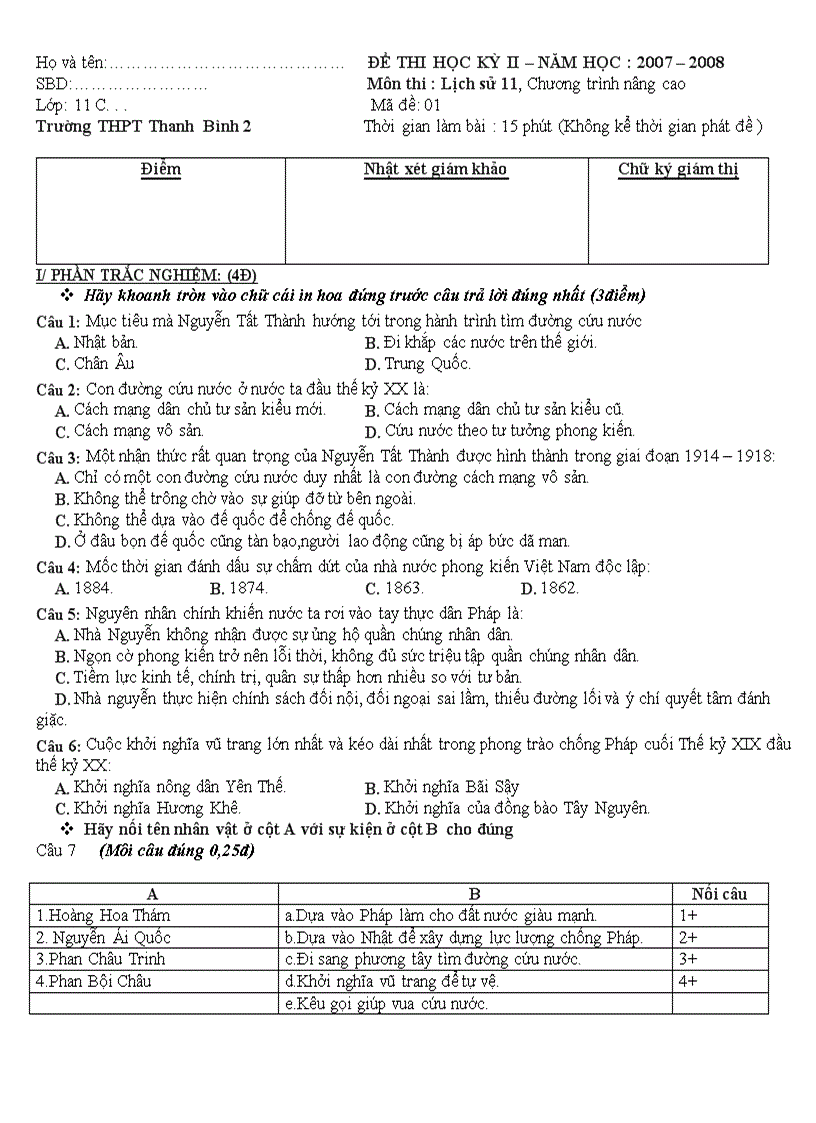 Đề kiểm tra HK2 lịch sử 11 Đề 1 NC