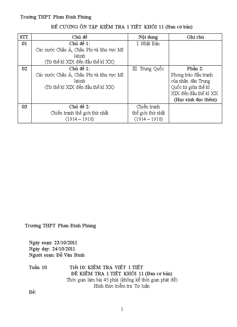 Đề kiểm tra 1 tiết lớp 11 theo chuẩn
