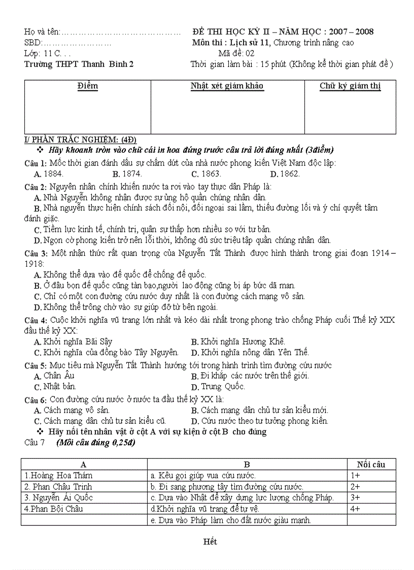 Đề kiểm tra HK2 lịch sử 11 đề 2 NC