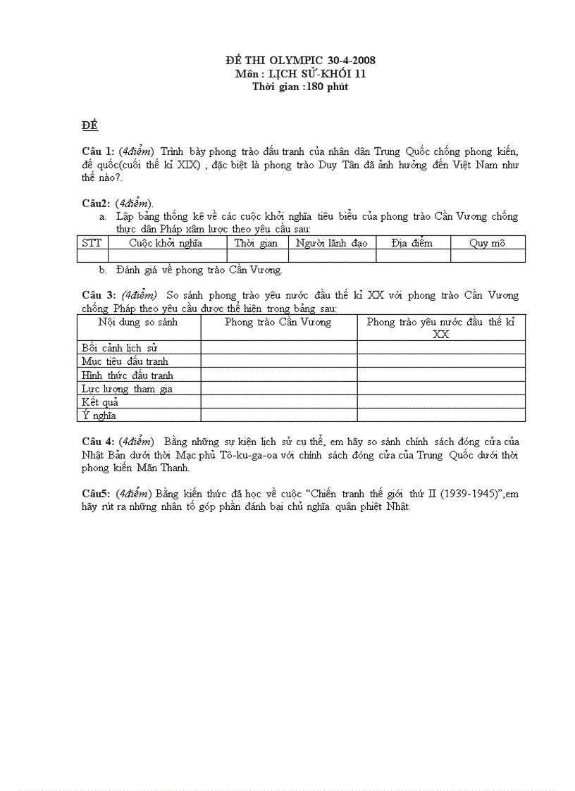 Đề và đ án Olympic Sử 11 năm 2008