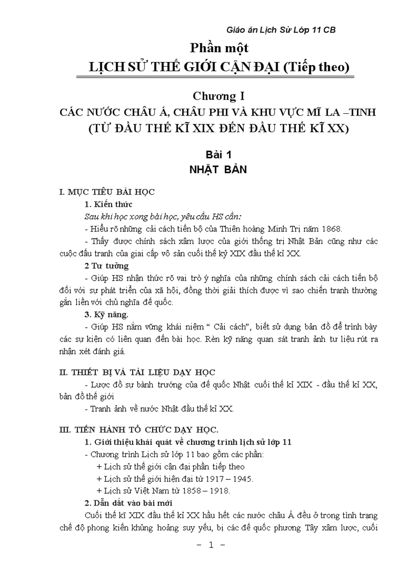 Giáo án Lịch sử lớp 11 cơ bản