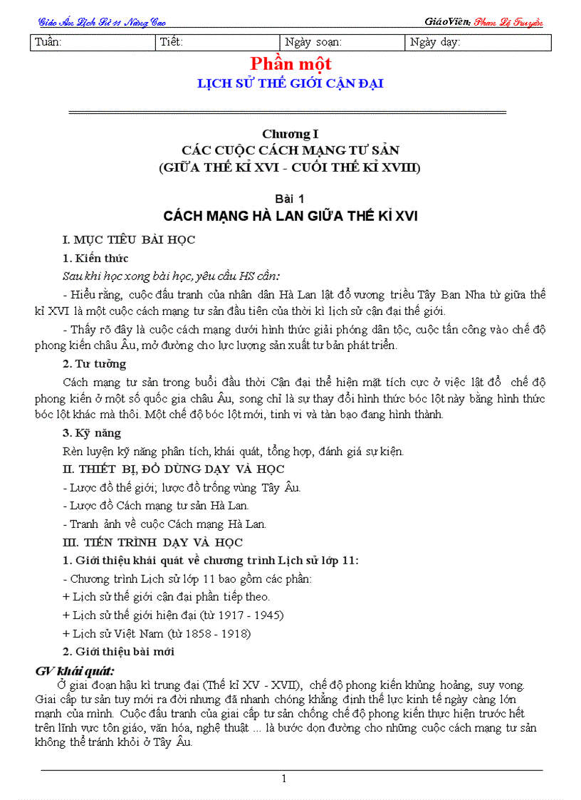 Giáo án lịch sử 11 NC HKI mới nhất