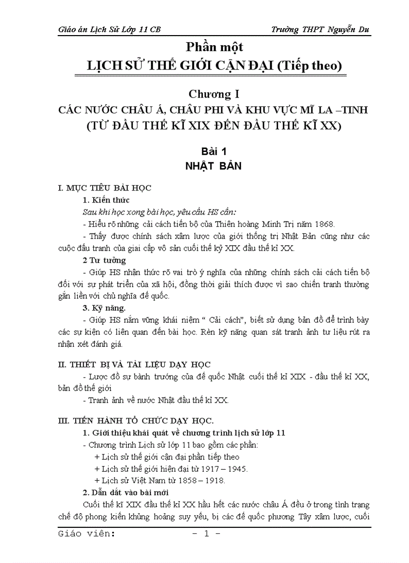 Giáo án Lịch Sử 11 mới nhất CKTKN