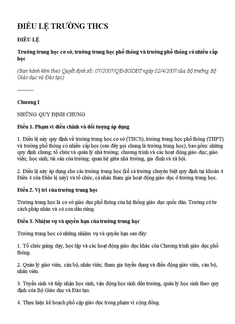 Điều lệ trường THCS THPT và trường phổ thông có nhiều cấp học Ban hành theo quyết định số 07 2007 ngày 02 04 2007 BGD ĐT