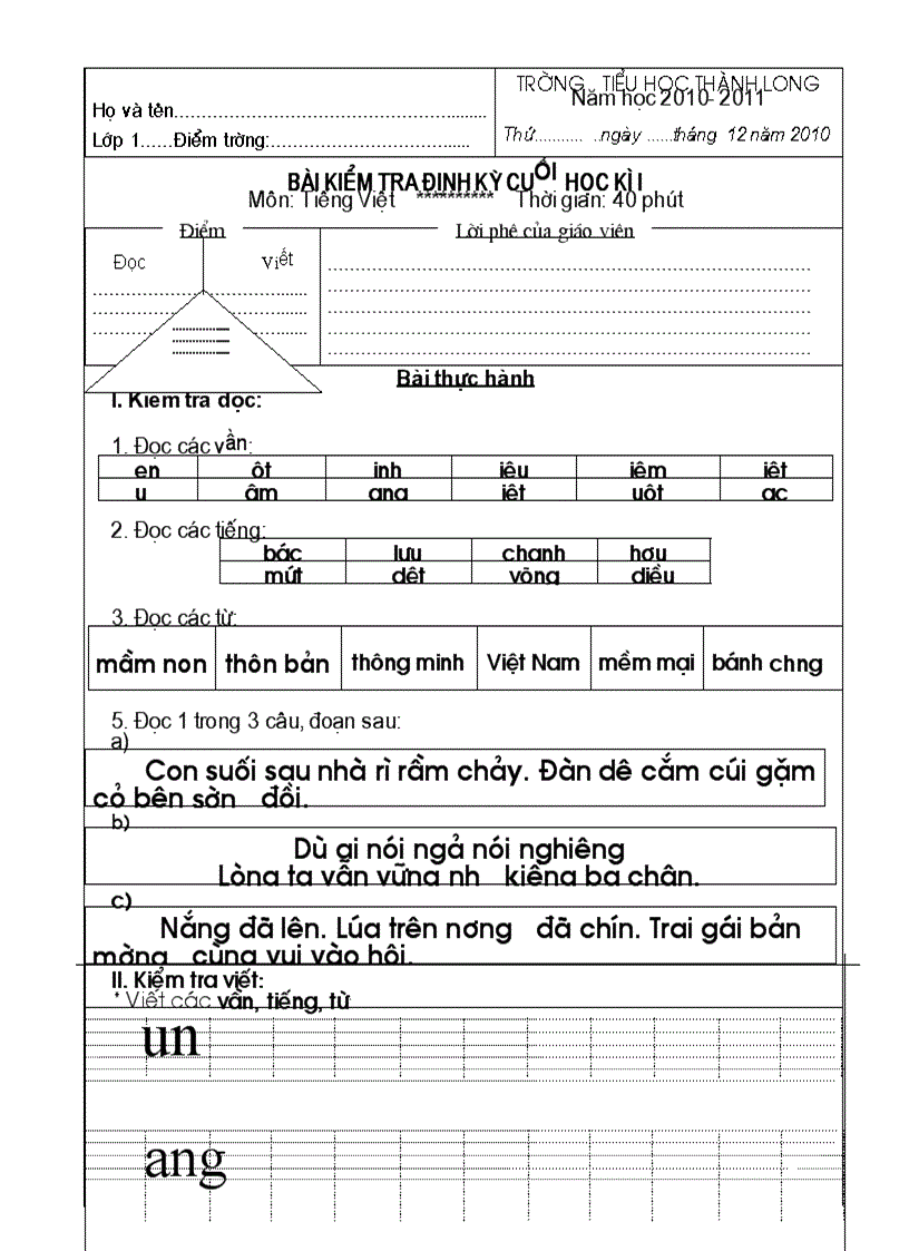 Bài KT TV lớp 1 cuối kì 1 photo cho hs