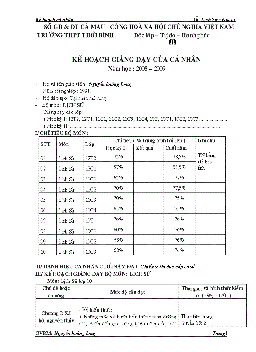 Kế hoạch cá nhân Lịch Sử 10 11 12