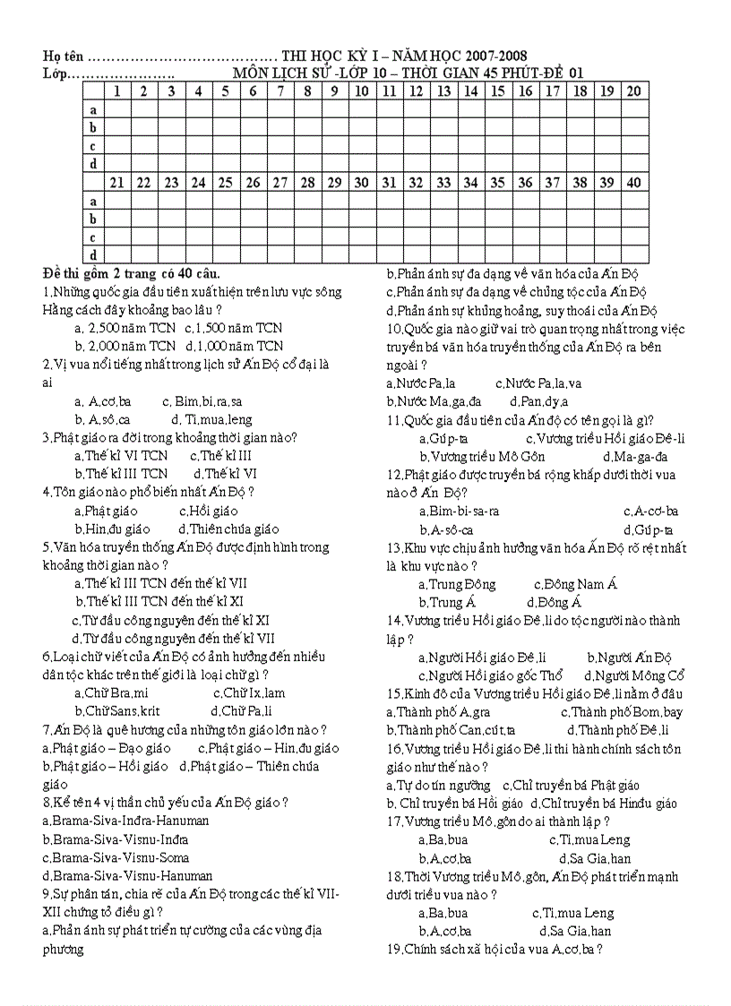 Thi học kỳ I Lớp 11 cơ bản