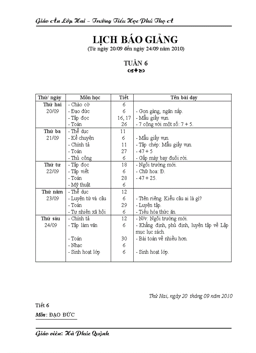 Giáo án lớp 2 Tuần 6 Chuẩn KT