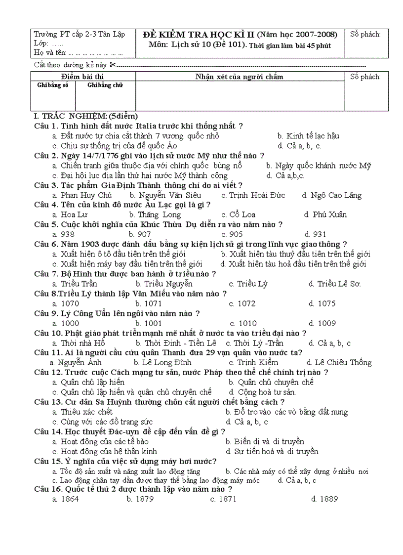 Đề thi học kì II Sử 10 Cơ bản