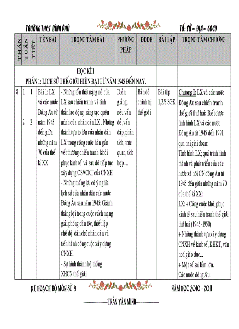 Kế hoạch bộ môn sử 9 2010 2011