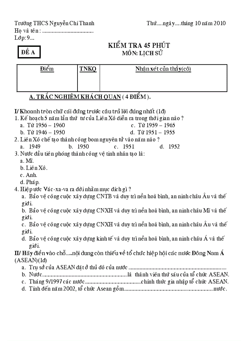 Kiểm tra lịch sử 9 45 phút