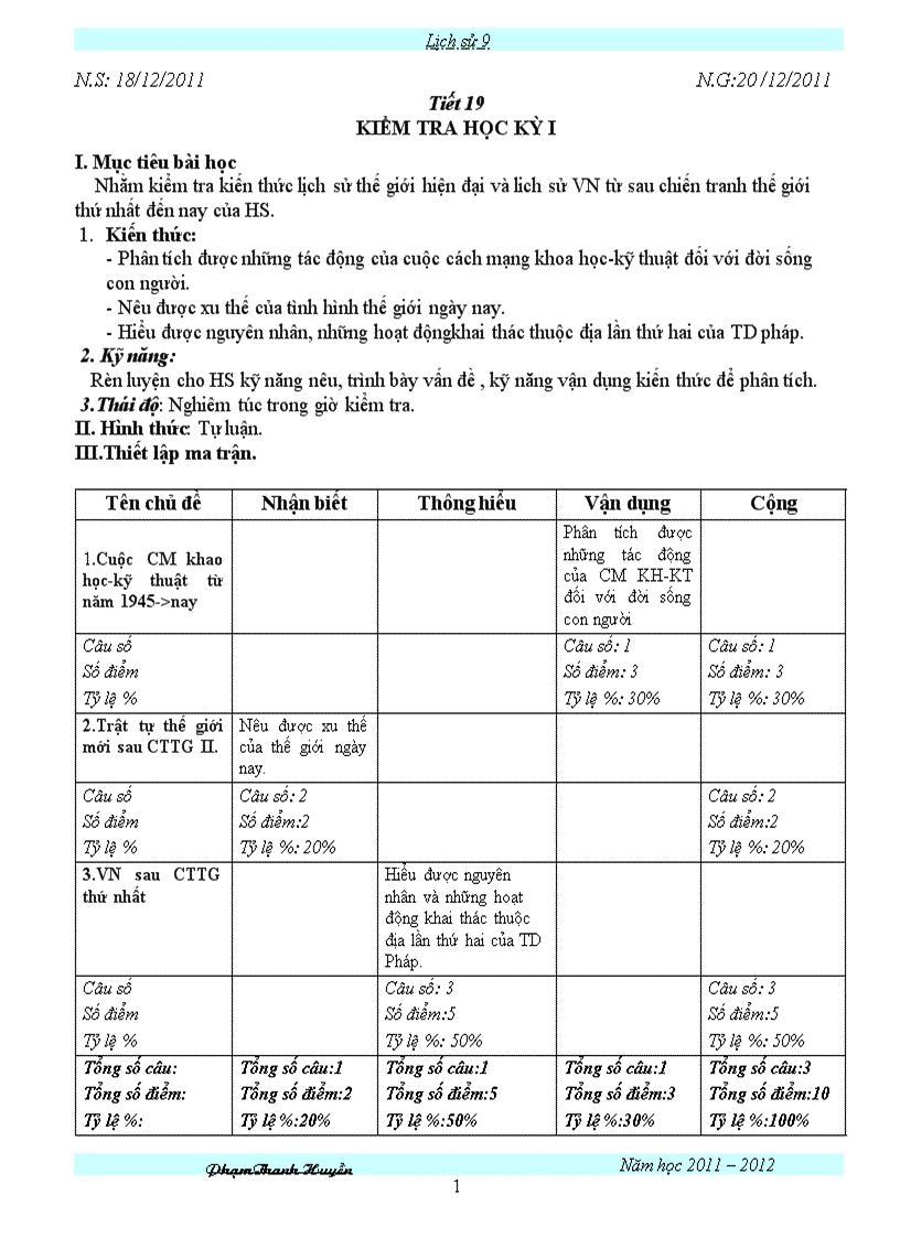 Kiểm tra HK I Sử 9 MTĐ