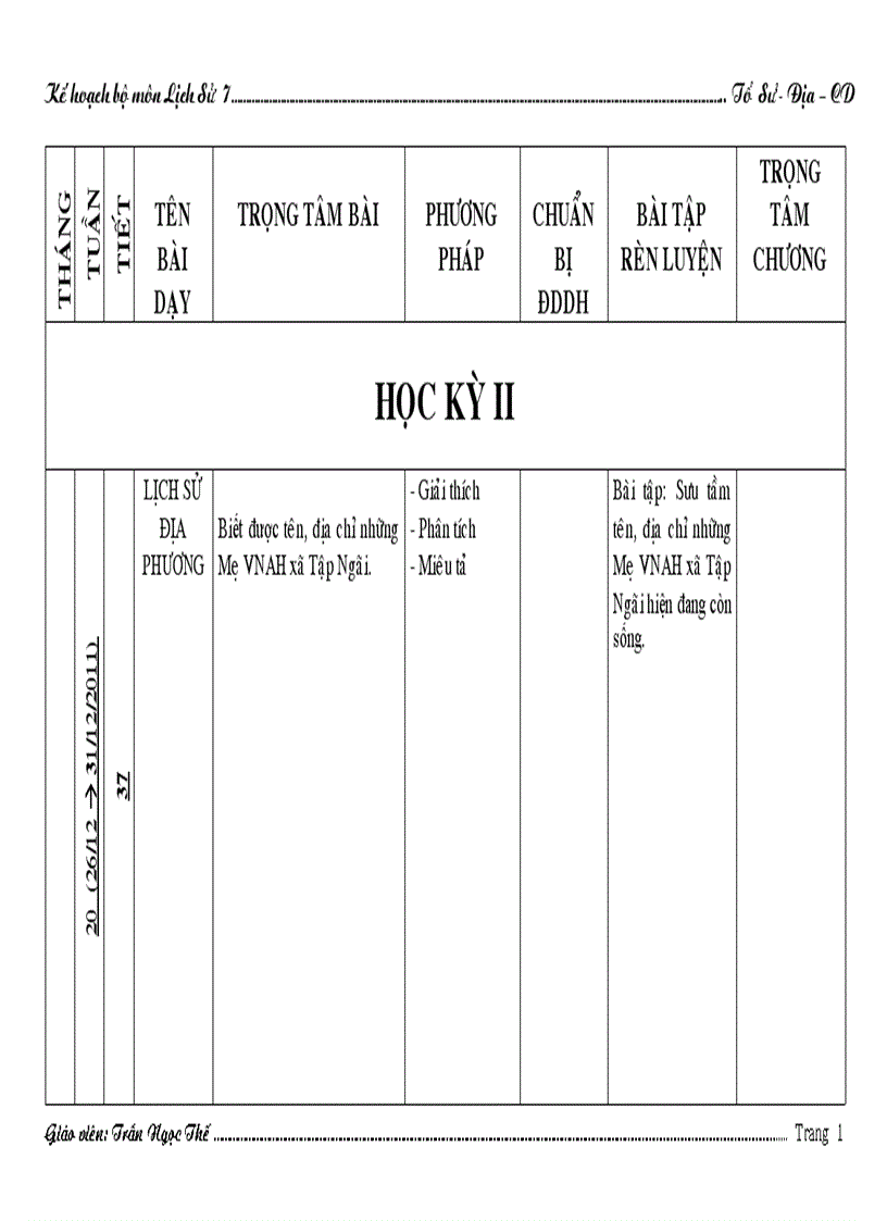 Kế hoạch bộ môn sử 7 hkii