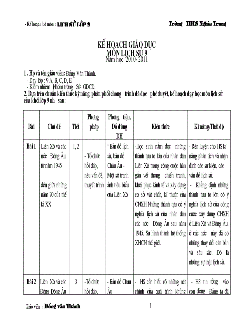 Kế hoạch bộ môn lịch sử 9