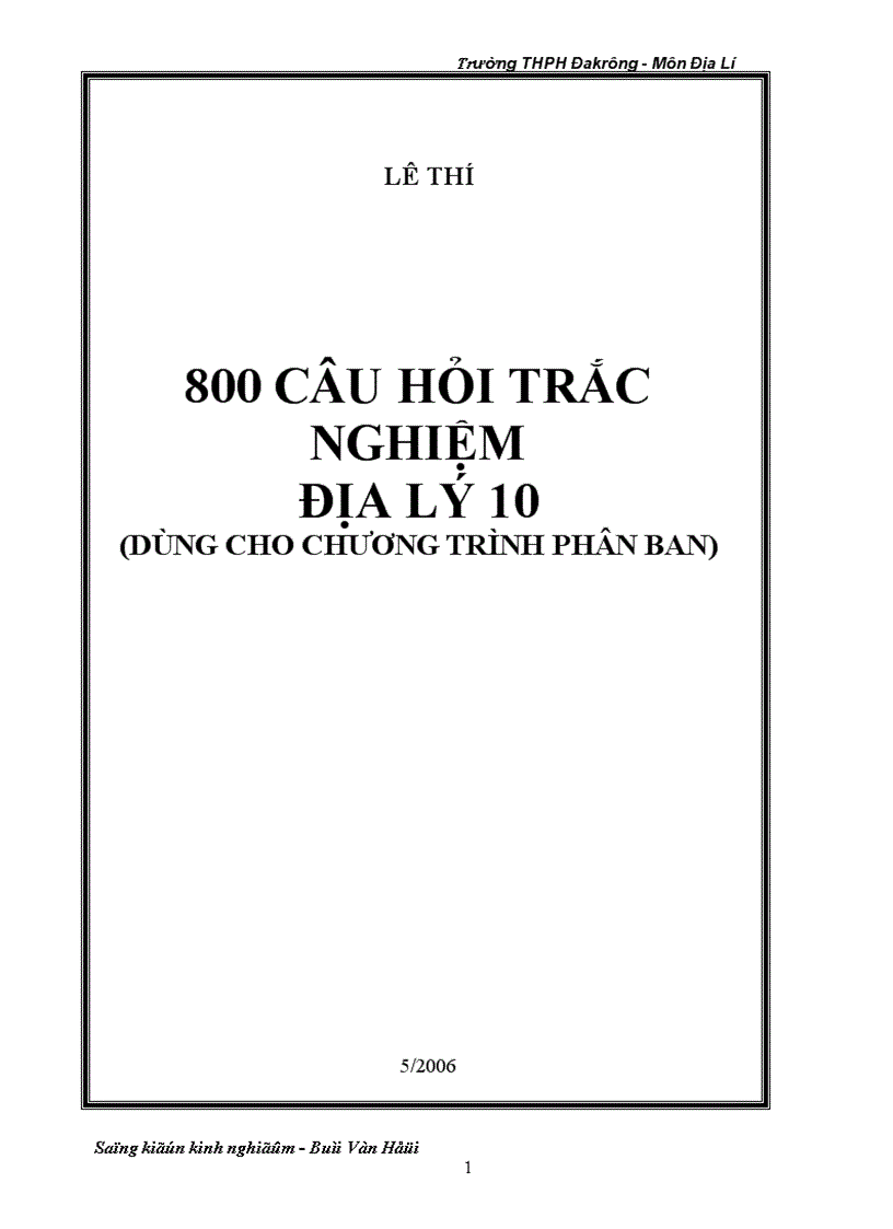 Câu hỏi trắc nghiệm Địa lí 10 1