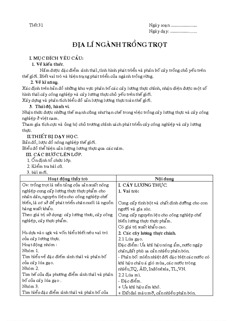 Địa lí 10 Cơ Bản Tiết 31