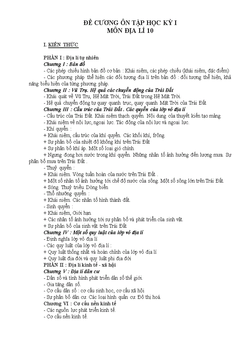 Đề cương ôn tập học kỳ 1 Địa 10