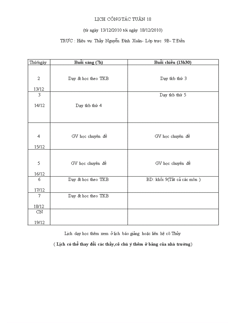 Lịch chuyên môn tuần 18