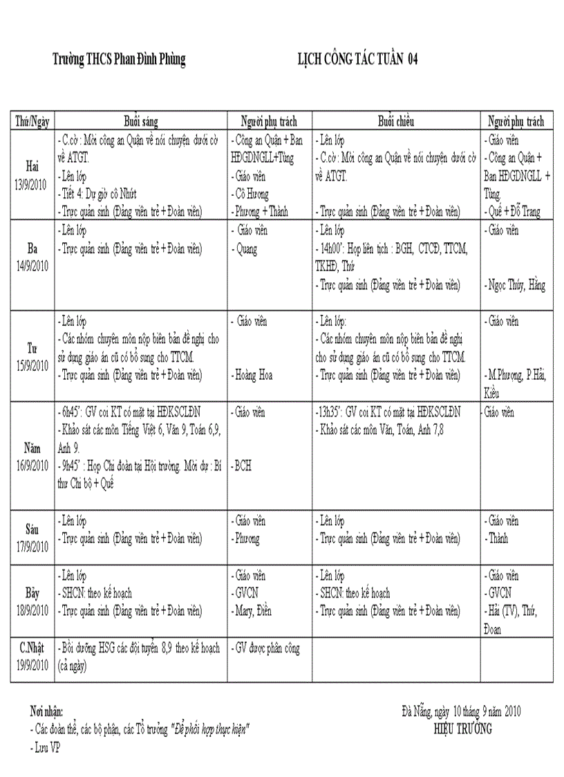 Lịch công tác t4 tháng 9