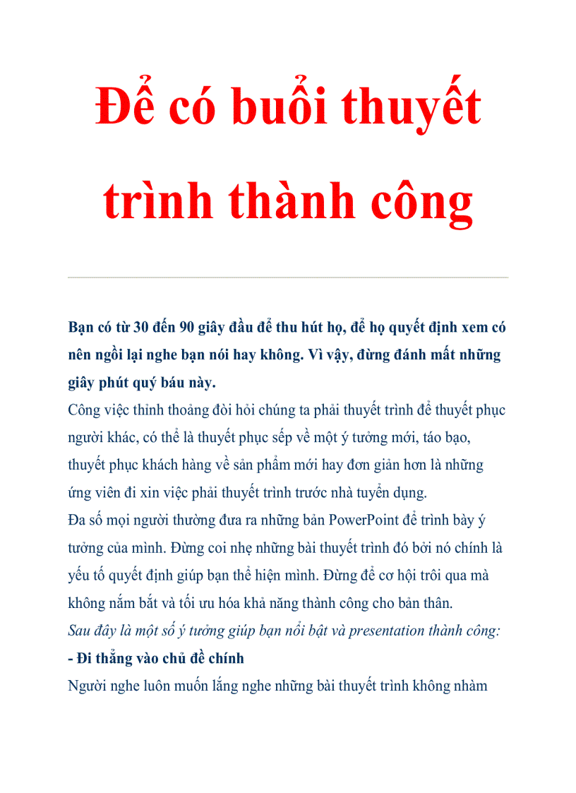 Để có buôi thuyết trình thành công