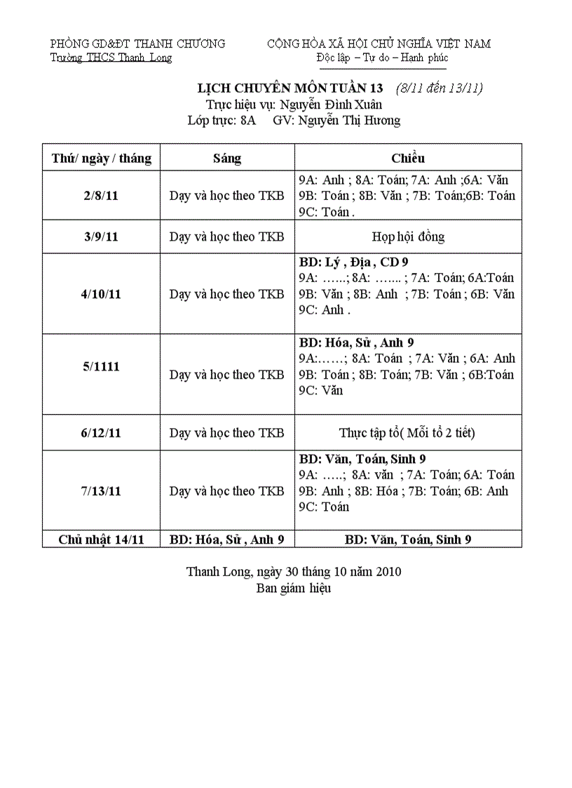 Lịch chuyên môn tuần 13