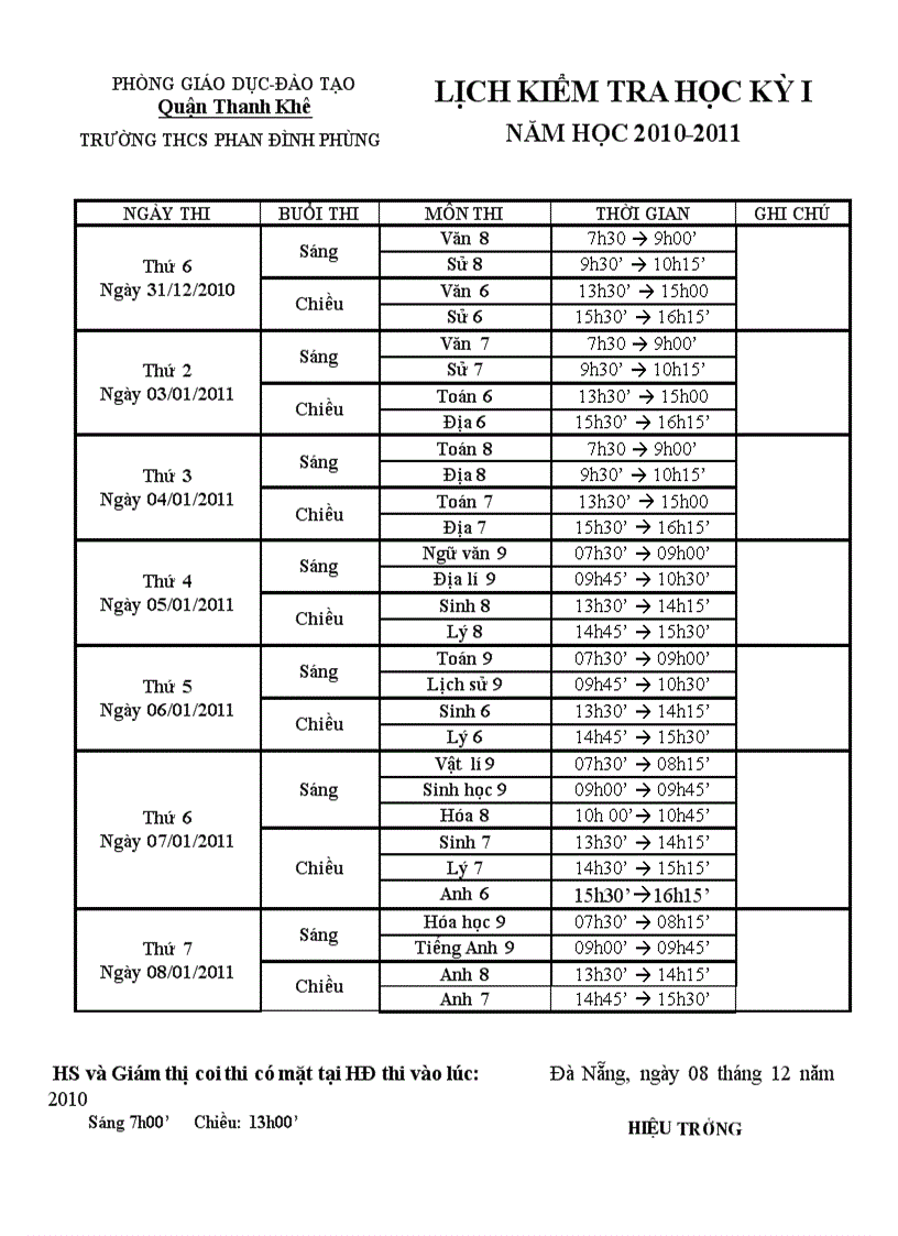 Lịch kiểm tra hki