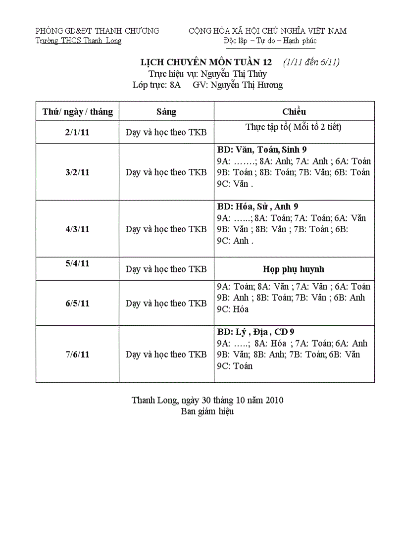 Lịch chuyên môn tuần 12