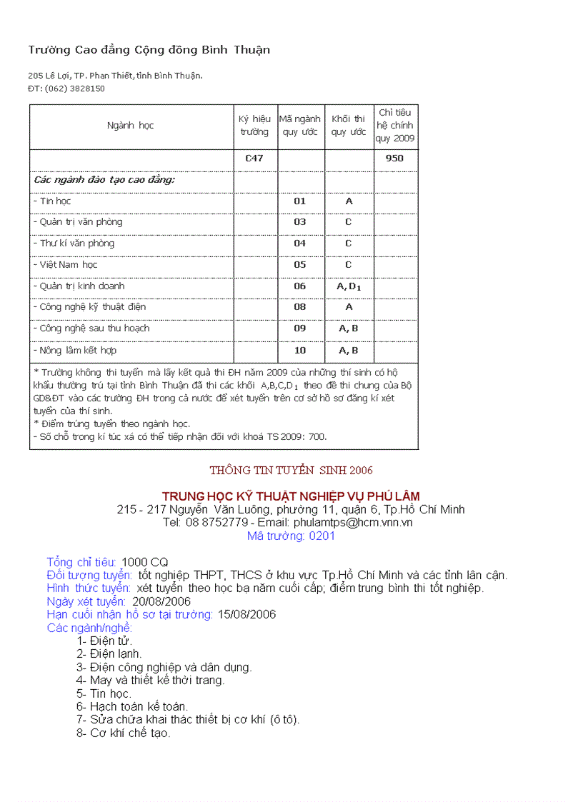 Chỉ tiêu tuyển sinh tc nghề phía nam 2009