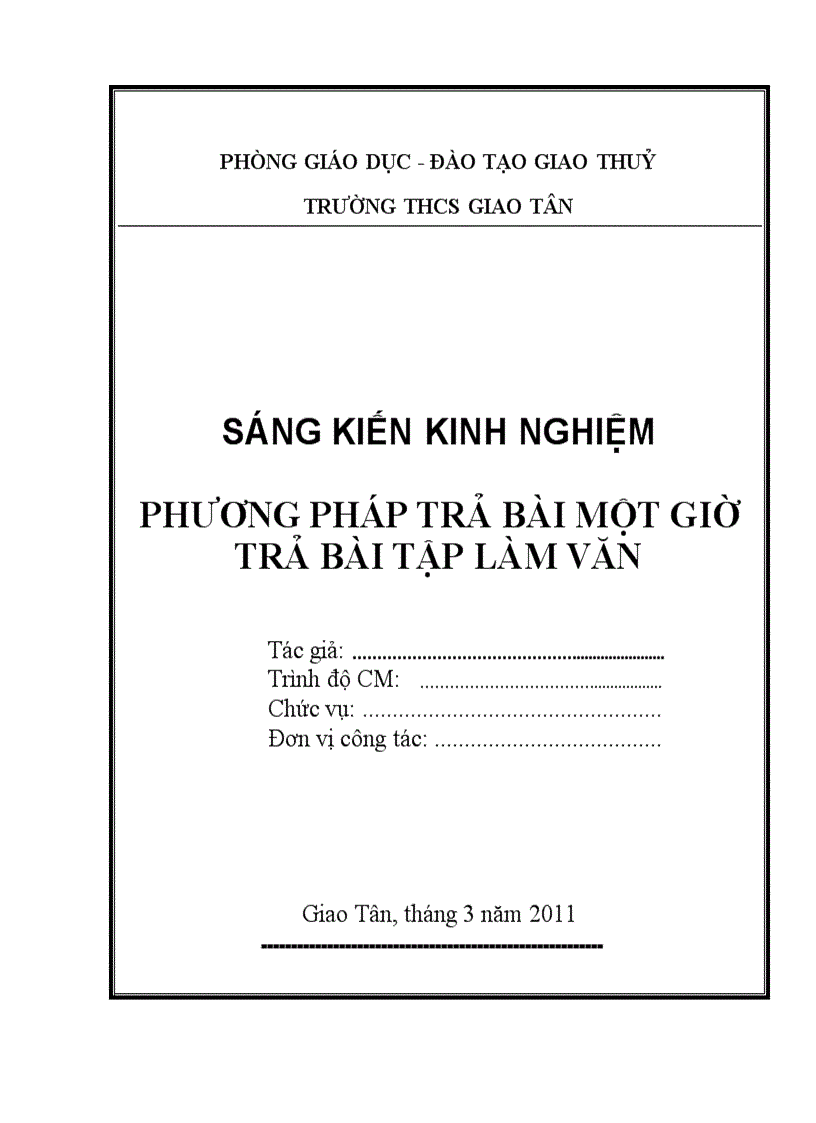 Khung mẫu Sáng kiến kinh nghiệm năm học 2010 2011