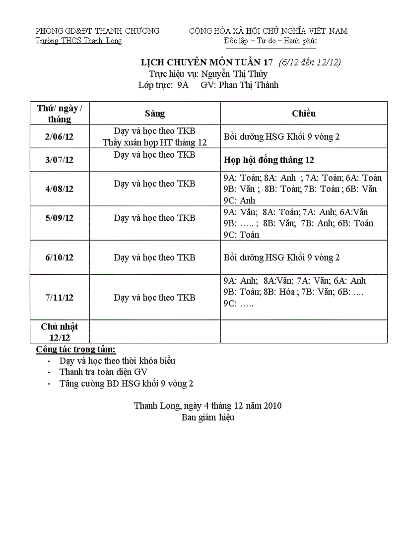 Lịch CM tuần 17