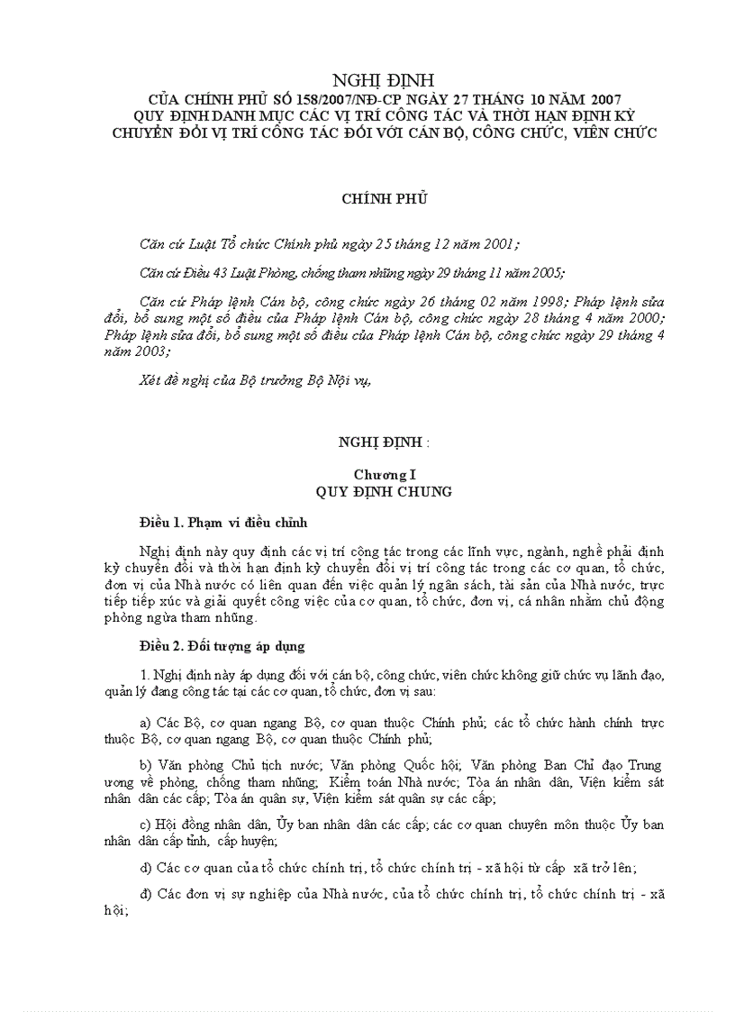 NĐ 158 về danh mục vị trí công tác