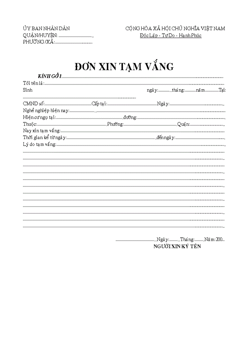 Đơn xin tạm vắng